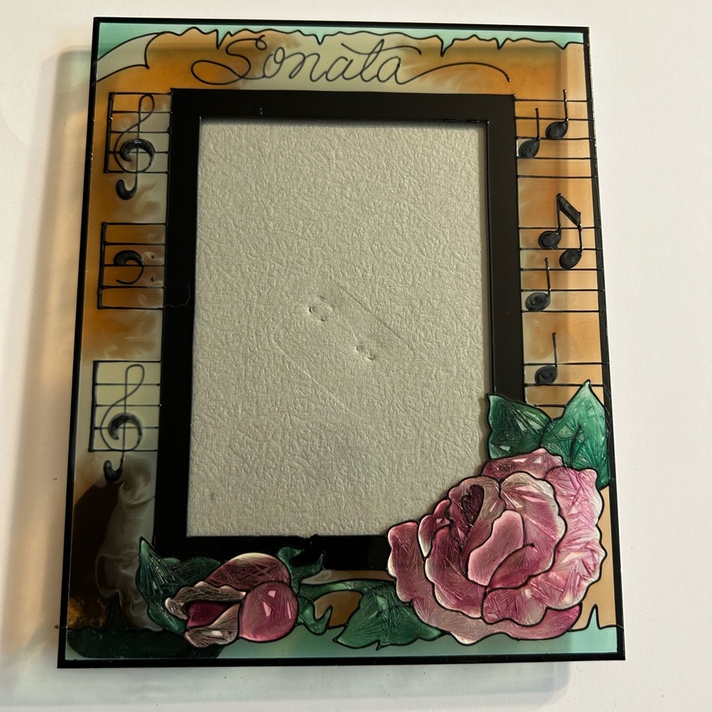 JOAN BAKER ETCHED STAINED GLASS ROSES  AND MUSIC NOTES FRAME STANDS